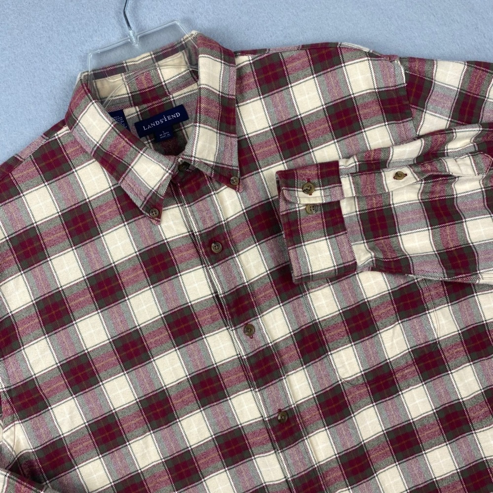 Lands End Mens Large Long Sleeve Plaid Flannel Button Down Shirt Burgundy Cream